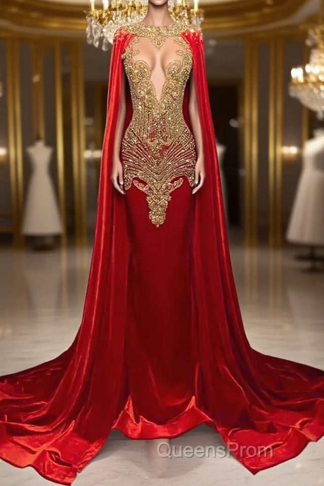 Mermaid Evening Prom Dress with Red Scoop Neckline and Beadings Cape Main image
