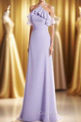 Lavender Halter Ruffled A-Line Long Bridesmaid Dress