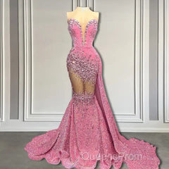 V-Neck Sequins Evening Prom Dress Mermaid Sleeveless Crystal.