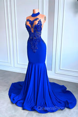 Royal Blue High Neck Sleeveless Mermaid Evening Prom Dress with Beadings