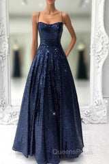 Long Navy Blue Sequin Evening Prom Dress
