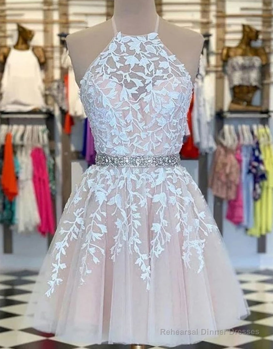 A-Line Pink Tulle Short Party Dress With Appliques Main image