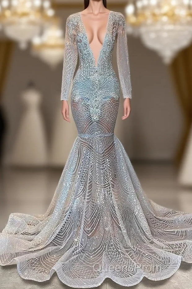 Mermaid Evening Prom Dress with Deep V-Neck Long Sleeves Beadings Main image