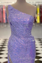 One-Shoulder Sequins Long Evening Prom Dress with Floral Appliques