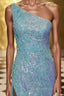 One-Shoulder Sequins Long Evening Prom Dress with Floral Appliques