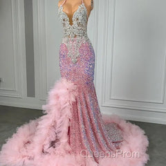 Pink Halter Mermaid Evening Prom Dress with Sequins Beadings and Tulle Ruffle