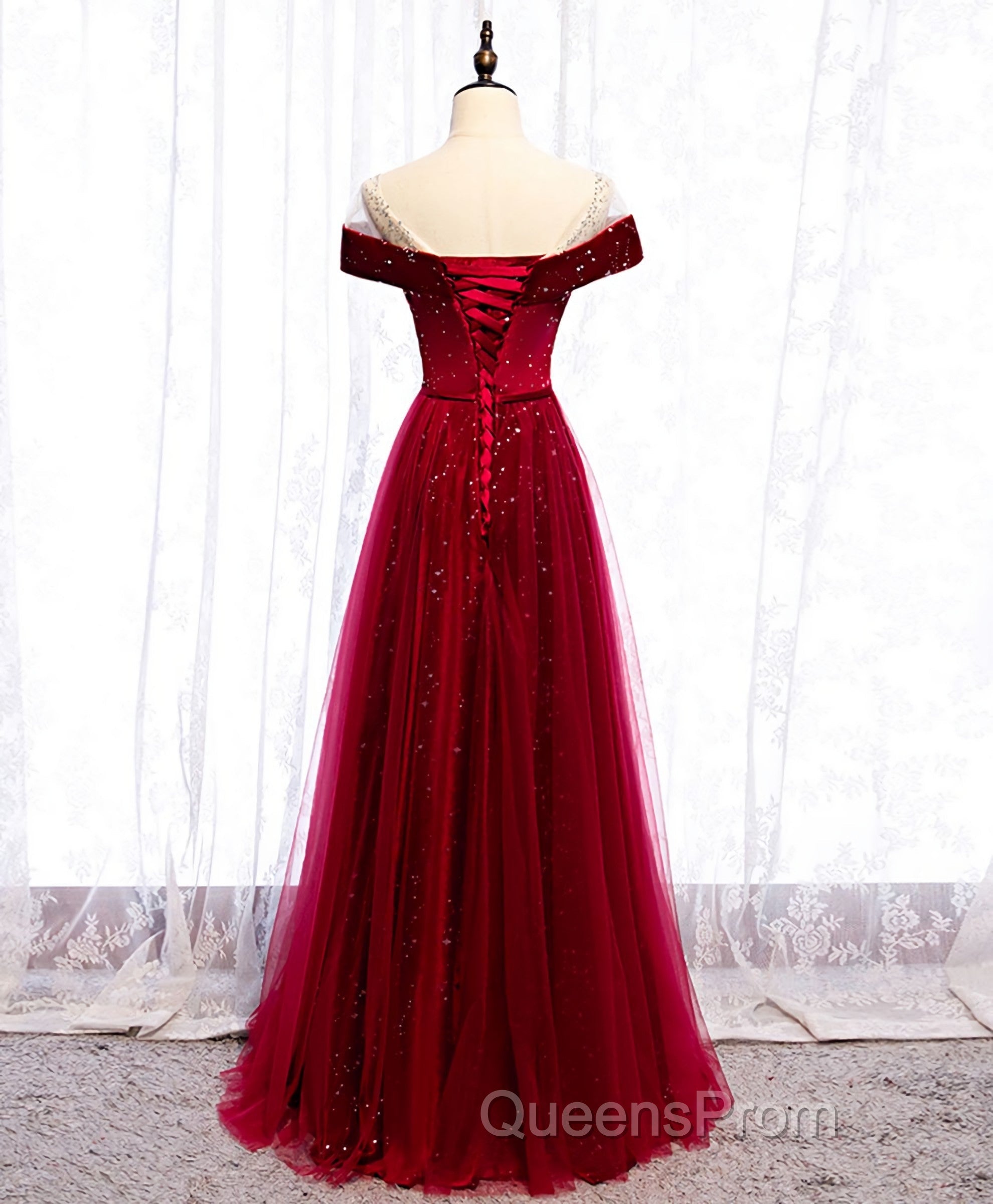 Burgundy Round Neck Tulle Sequin Long Evening Prom Dress, Tulle Formal Dress Secondary image