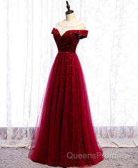Burgundy Round Neck Tulle Sequin Long Evening Prom Dress, Tulle Formal Dress