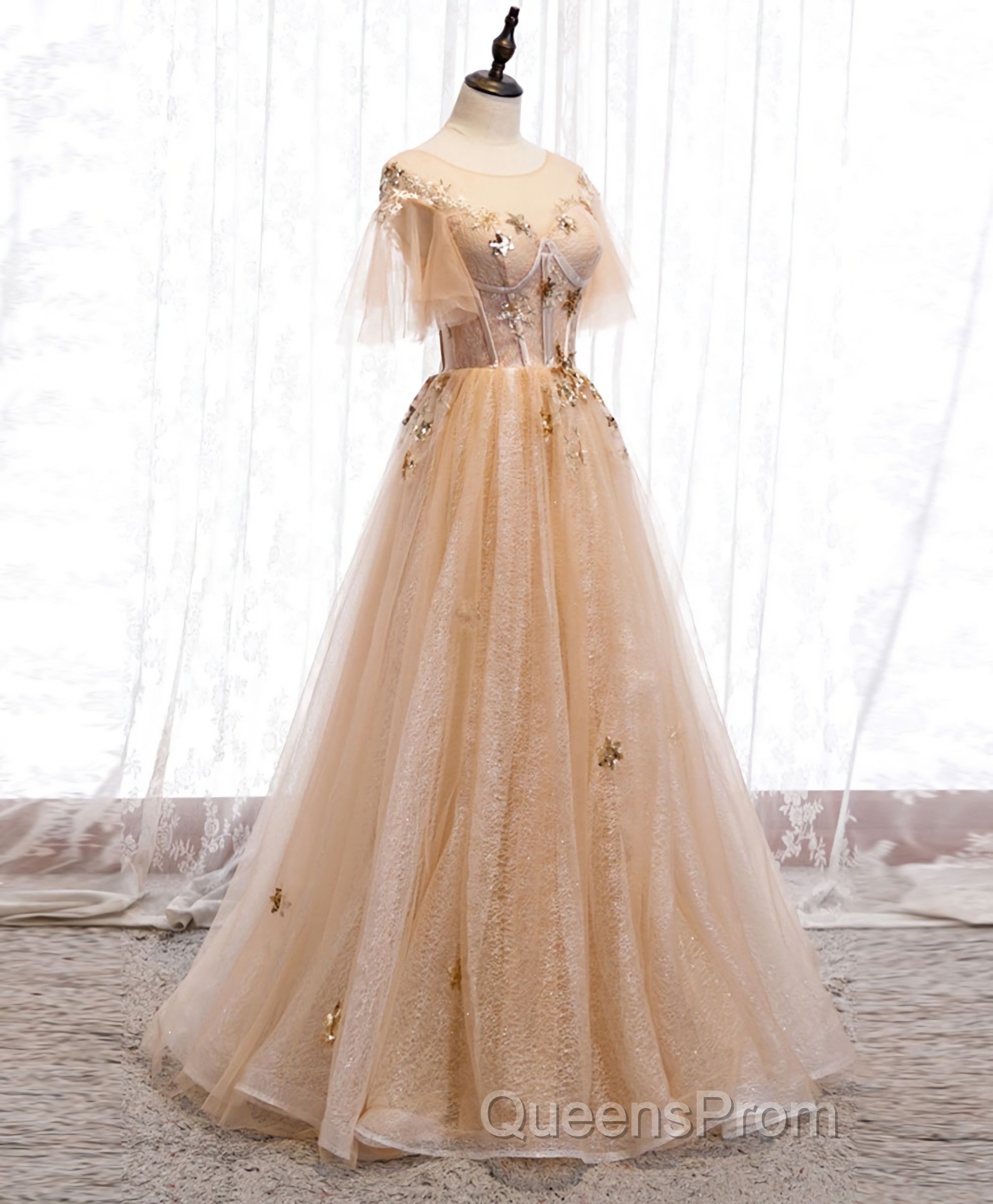 Champagne Round Neck Tulle Lace Long Evening Prom Dress, Formal Dress