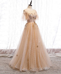 Champagne Round Neck Tulle Lace Long Evening Prom Dress, Formal Dress