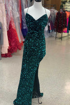 Red Sequin Cowl Neck Lace-Up Back High-Low Evening Prom Dress