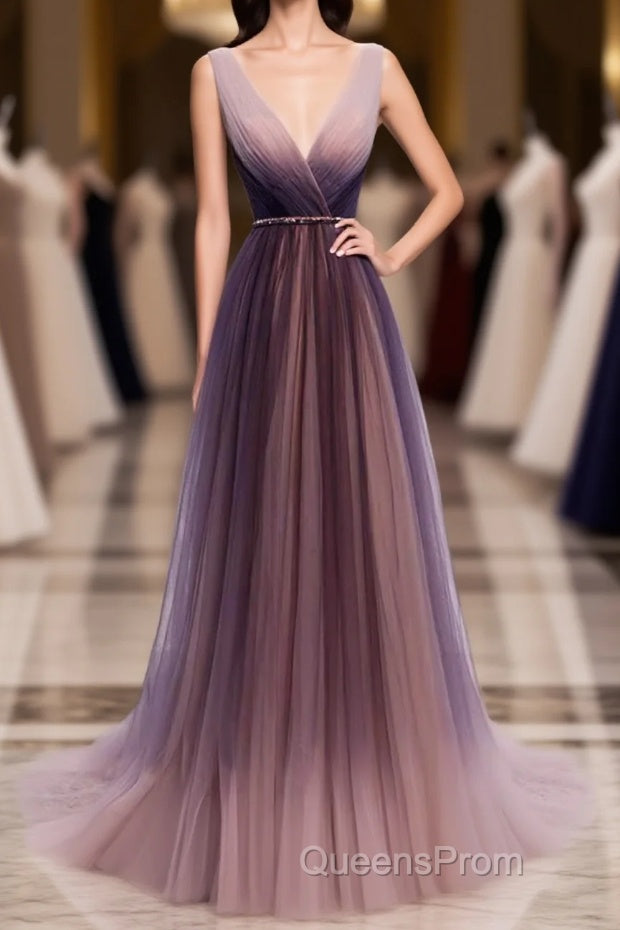 Simple V Neck Tulle Long Evening Prom Dress, Tulle Evening Dress Main image