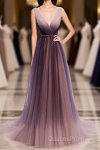 Simple V Neck Tulle Long Evening Prom Dress, Tulle Evening Dress