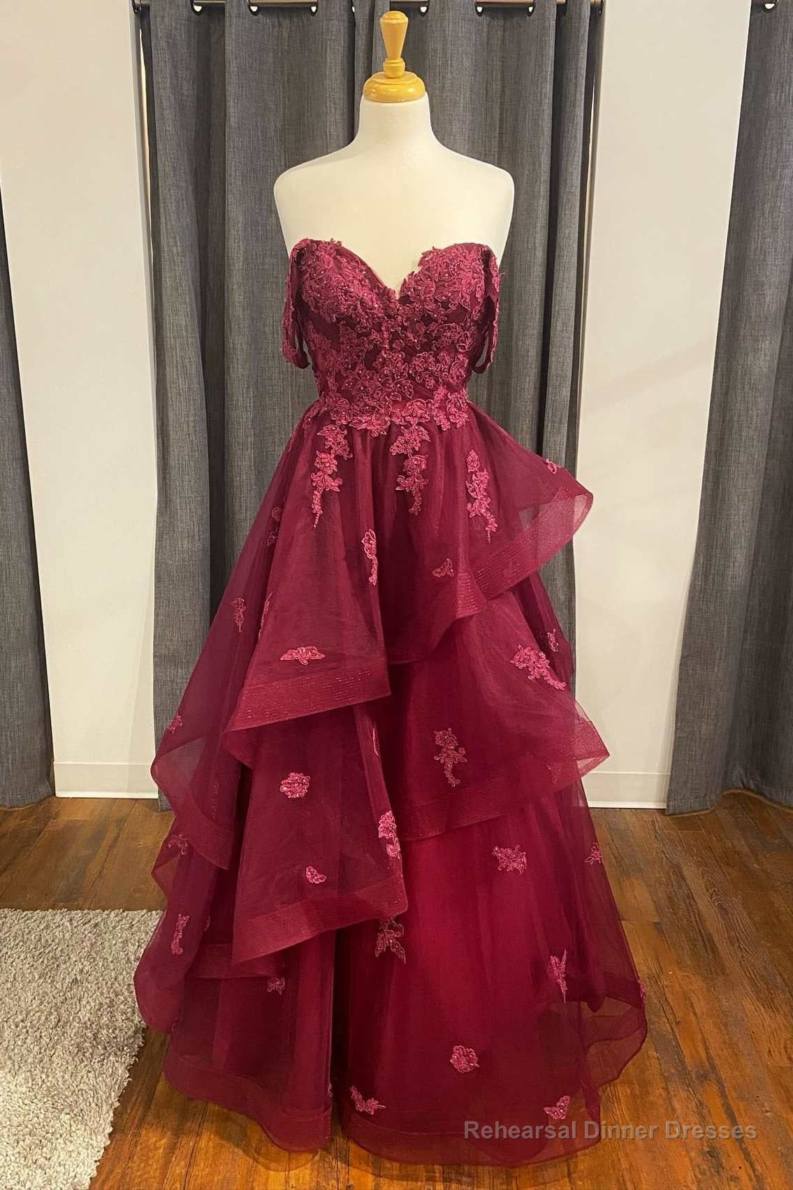 Wine Floral Lace Strapless A-Line Tiered Prom Dress Main image