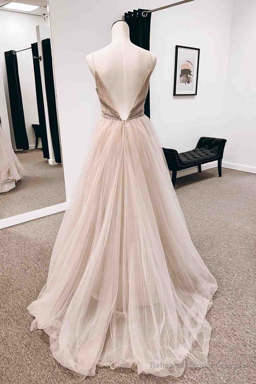 Blushing Pink A-line Plunging V Neck Tulle Long Prom Dress with Beaded Sash Secondary image