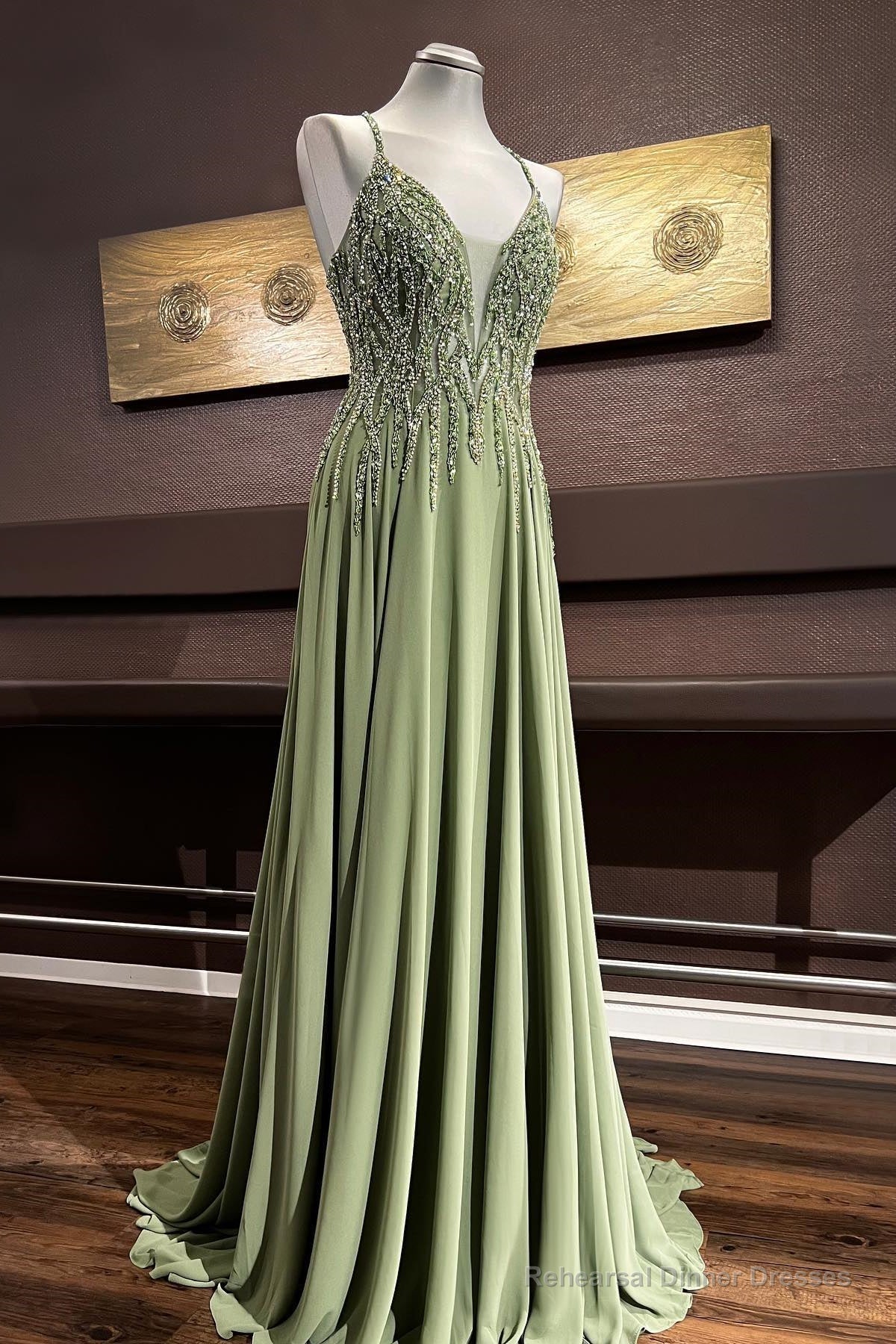 Dusty Sage Beaded Cross Back V Neck Seqins-Embroidery Long Prom Dress Main image