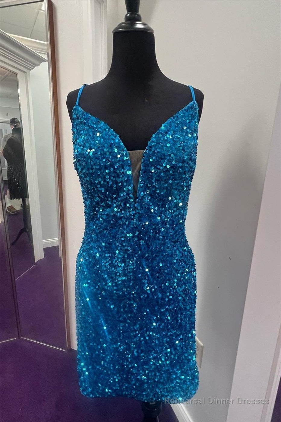 Blue Plunging V Neck Lace-Up Sequins Sheath Homecoming Dress Secondary image