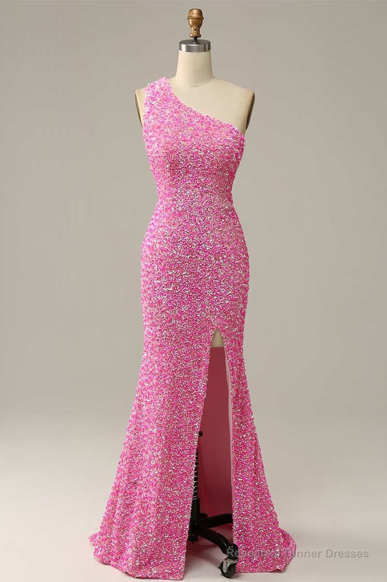 Pink Iridescent Sequin One-Shoulder Mermaid Long Formal Dress with Slit Main image
