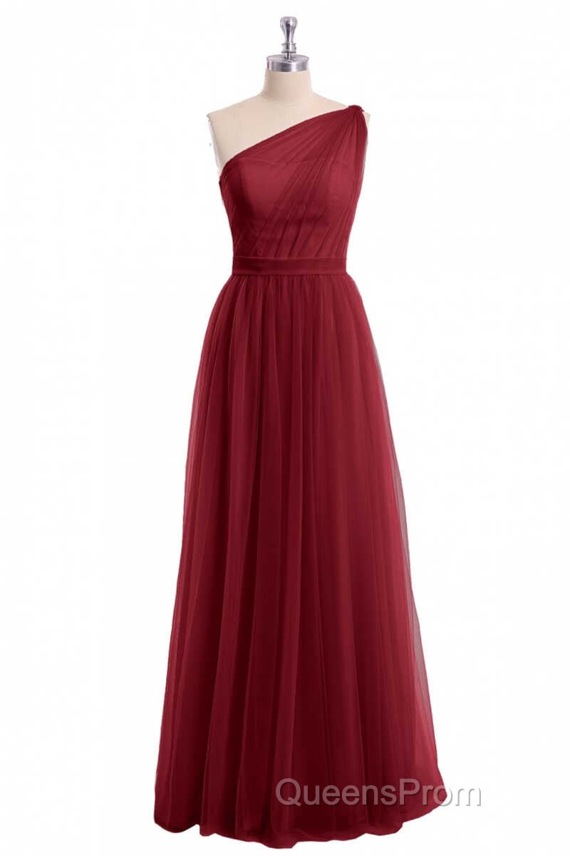 Wine Red Tulle One-Shoulder A-Line Bridesmaid Dress