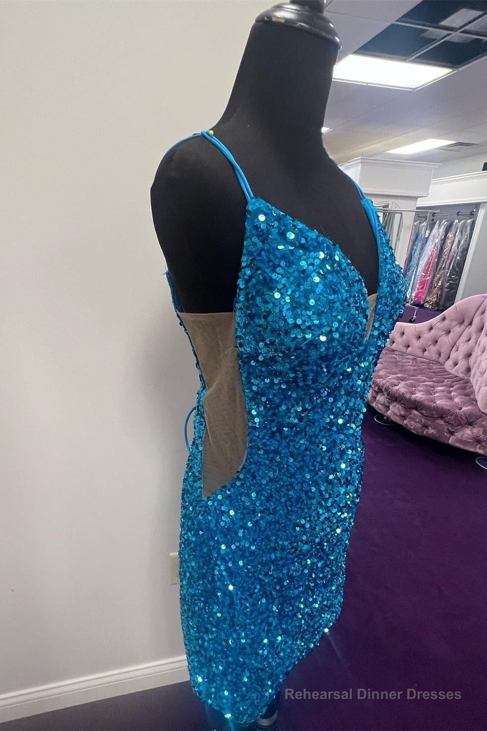 Blue Plunging V Neck Lace-Up Sequins Sheath Homecoming Dress Main image