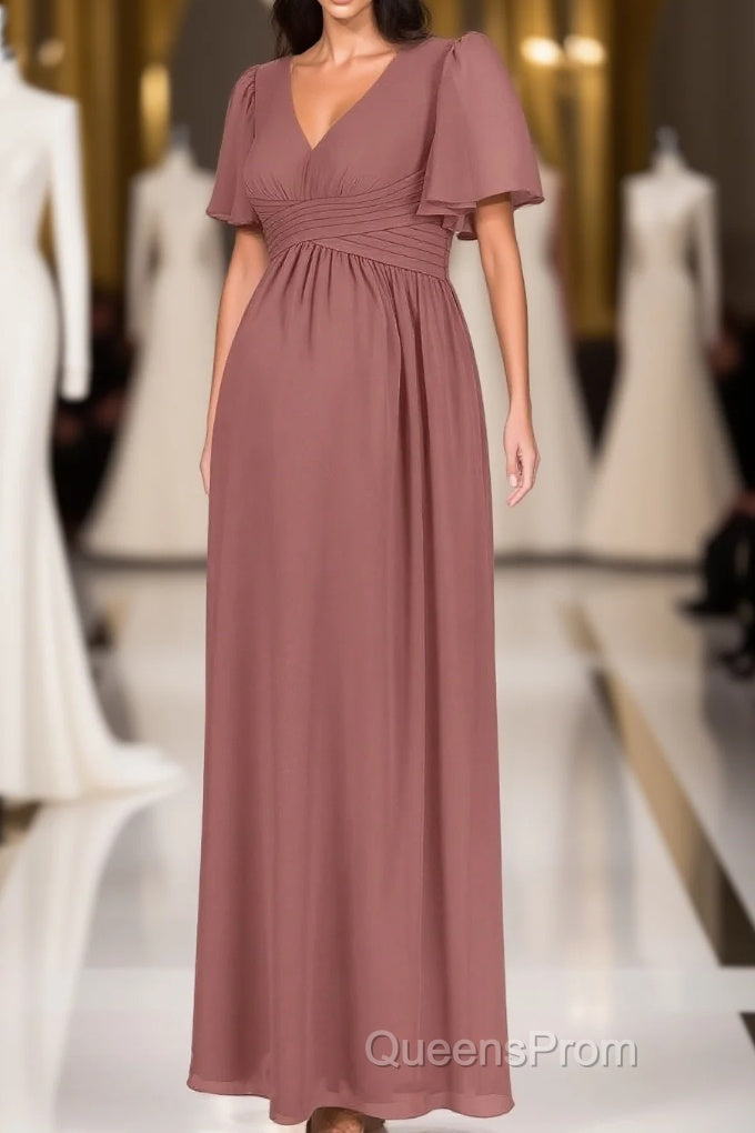 Brown V-Neck High-Waist Long Maternity Bridesmaid Dress Main image