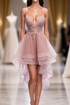 Pink Tulle Lace High Low Evening Prom Dress, Pink Homecoming Dress, 1