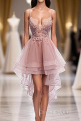 Pink Tulle Lace High Low Evening Prom Dress, Pink Homecoming Dress, 1