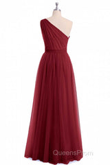 Wine Red Tulle One-Shoulder A-Line Bridesmaid Dress