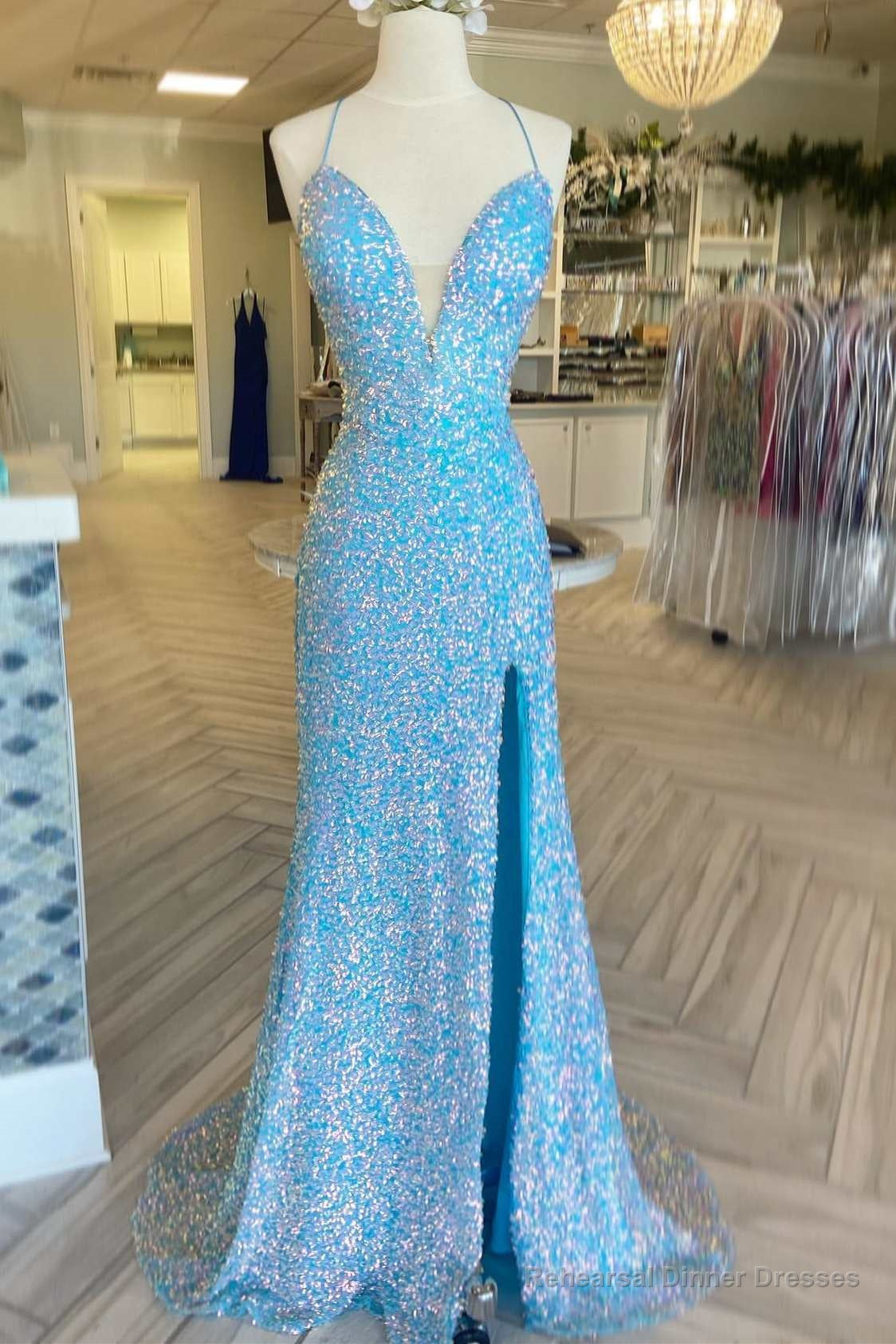 Blue Iridescent Sequin Lace-Up Long Prom Dress with Slit Main image