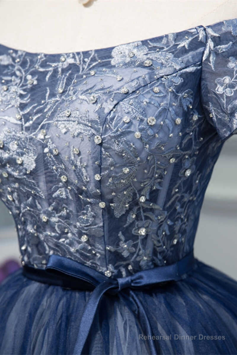 Navy Blue Off-the-Shoulder Beaded A-Line Short Party Dress