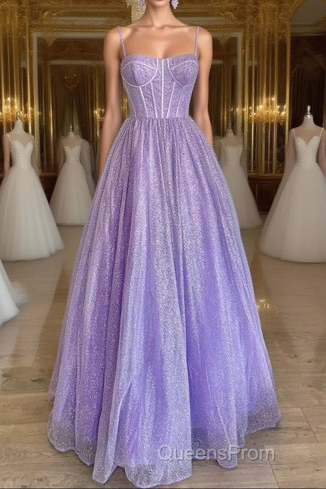 Spaghetti Straps Sparkly Lilac A Line Evening Prom Dress Sequin Evening Dress Main image