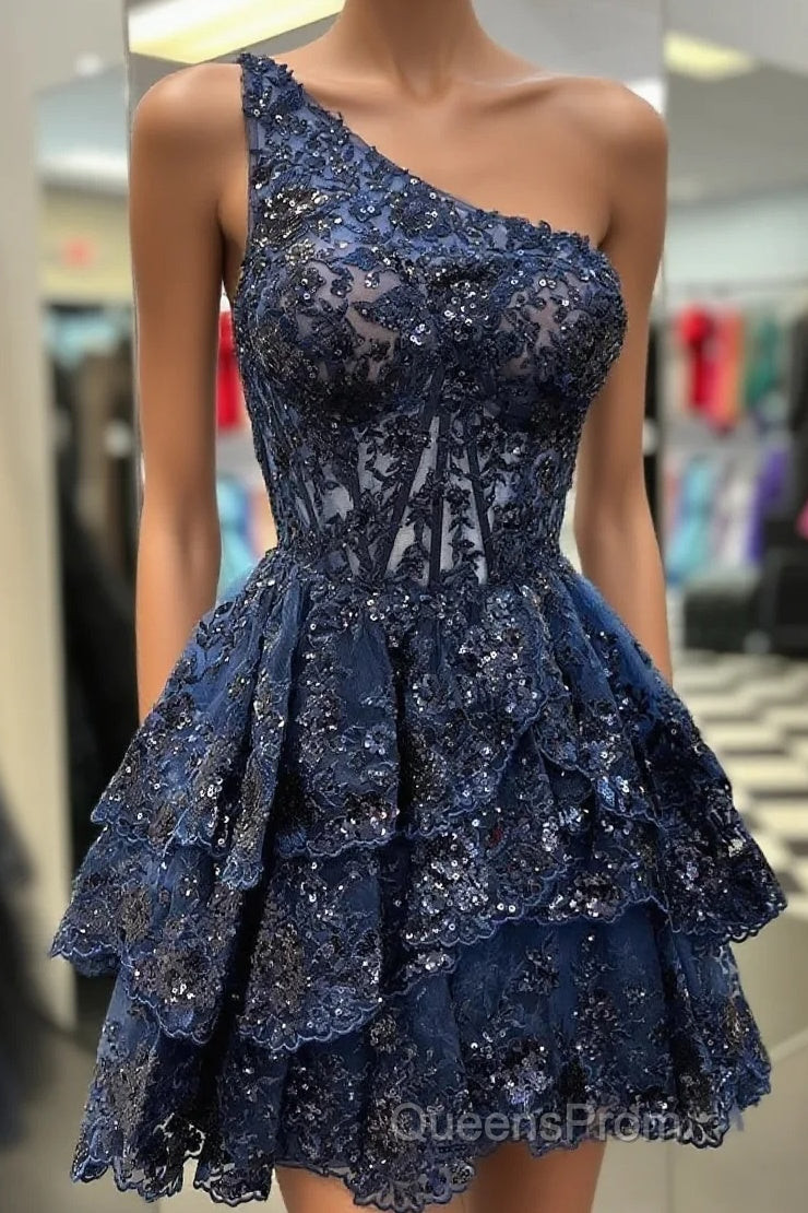 Dark Navy A-line One Shoulder Multi-Layers Homecoming Dress Main image