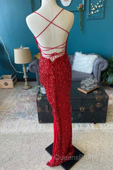 Red Sequin Cowl Neck Lace-Up Back High-Low Evening Prom Dress