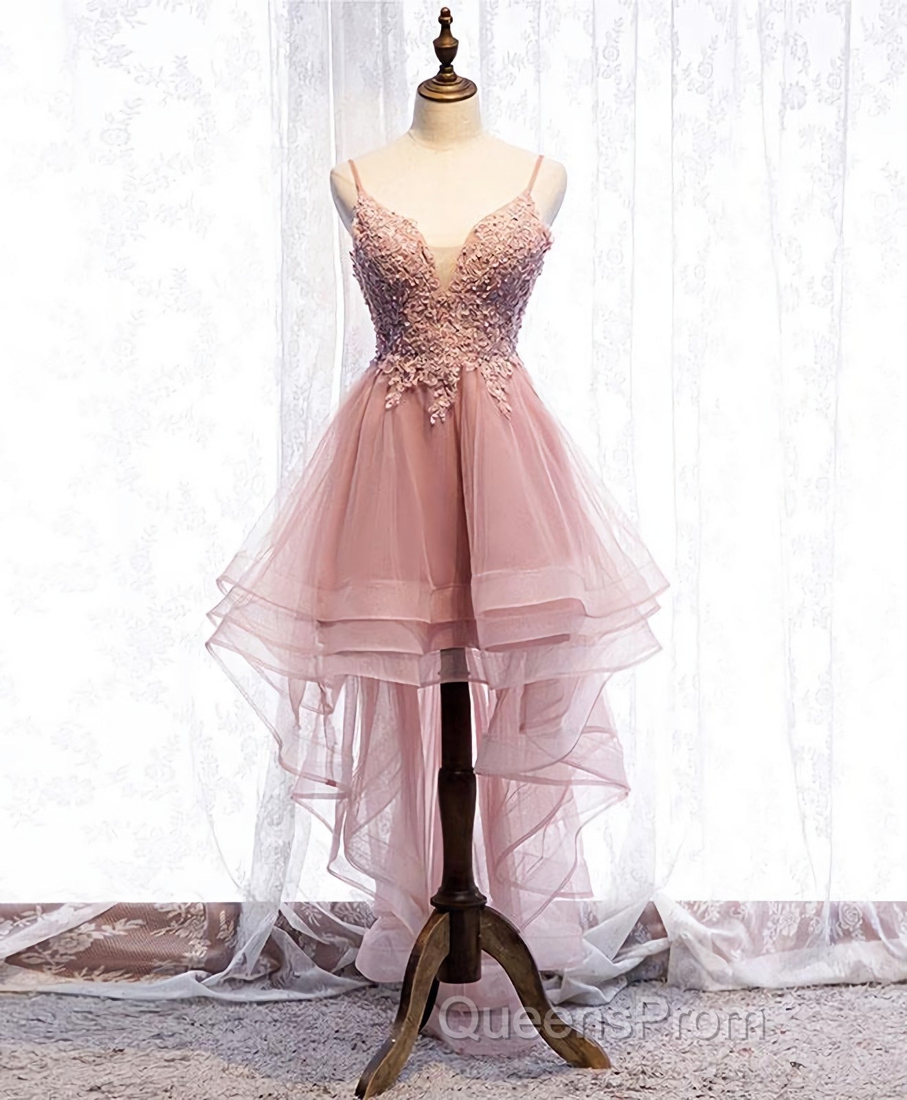 Blue Sweetheart Tulle Lace High Low Evening Prom Dress, Blue Homecoming Dress