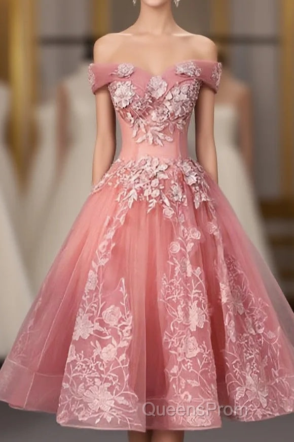 Pink Tulle Lace Off Shoulder Short Evening Prom Dress, Pink Homecoming Dress Main image