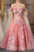 Pink Tulle Lace Off Shoulder Short Evening Prom Dress, Pink Homecoming Dress