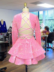 Pink Cocktail Dress A-Line V-Neck Long Sleeve Shiny Sequin Homecoming Dress
