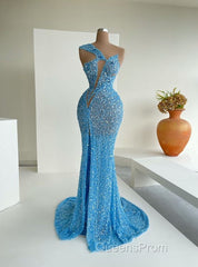 Ocean Blue Sequins One-Shoulder Mermaid Long Evening Prom Dress With Split