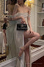 Elegant Mermaid Off the Shoulder Silver Sequins Long Prom Dress with Split Front