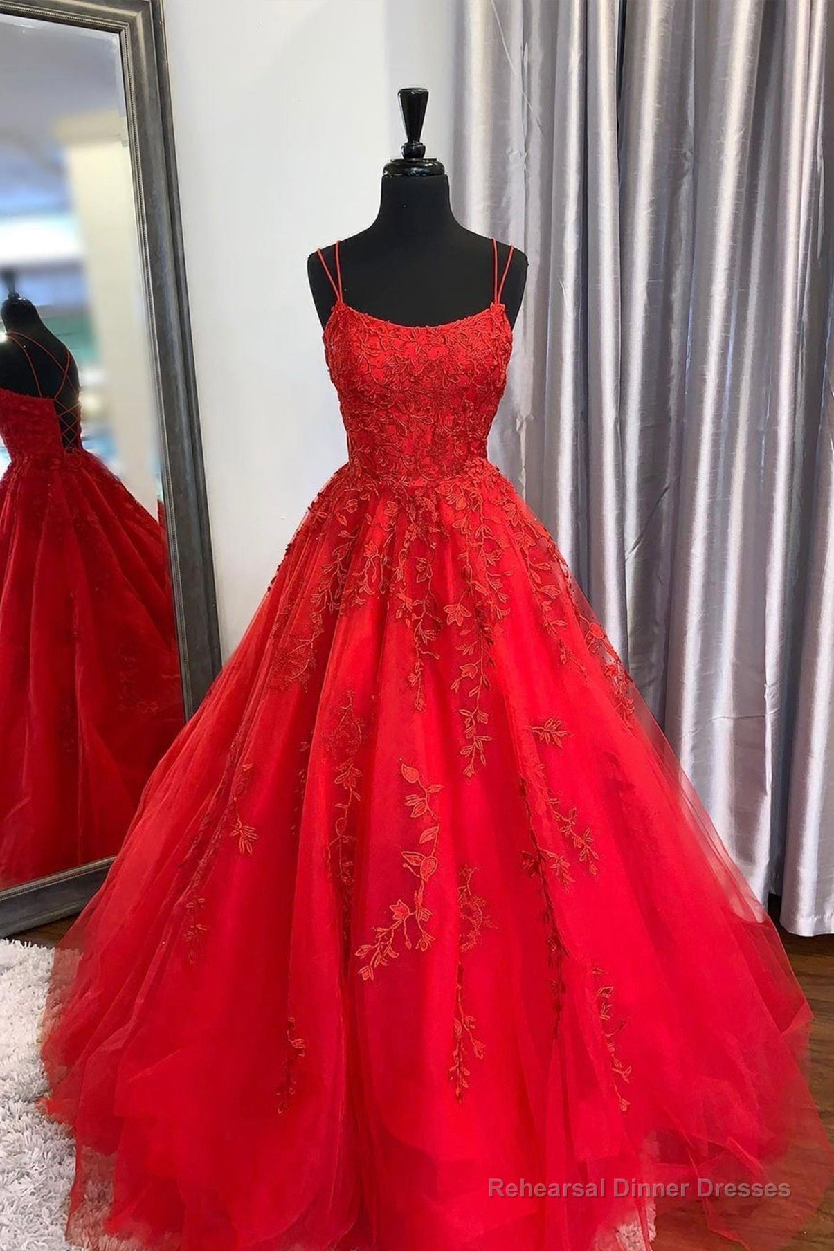 Red Lace Long Backless Prom Dresses, Red Formal Graduation Dresses Main image