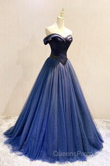 A-Line Tulle Beading Long Evening Prom Dress, Off the Shoulder Evening Dress