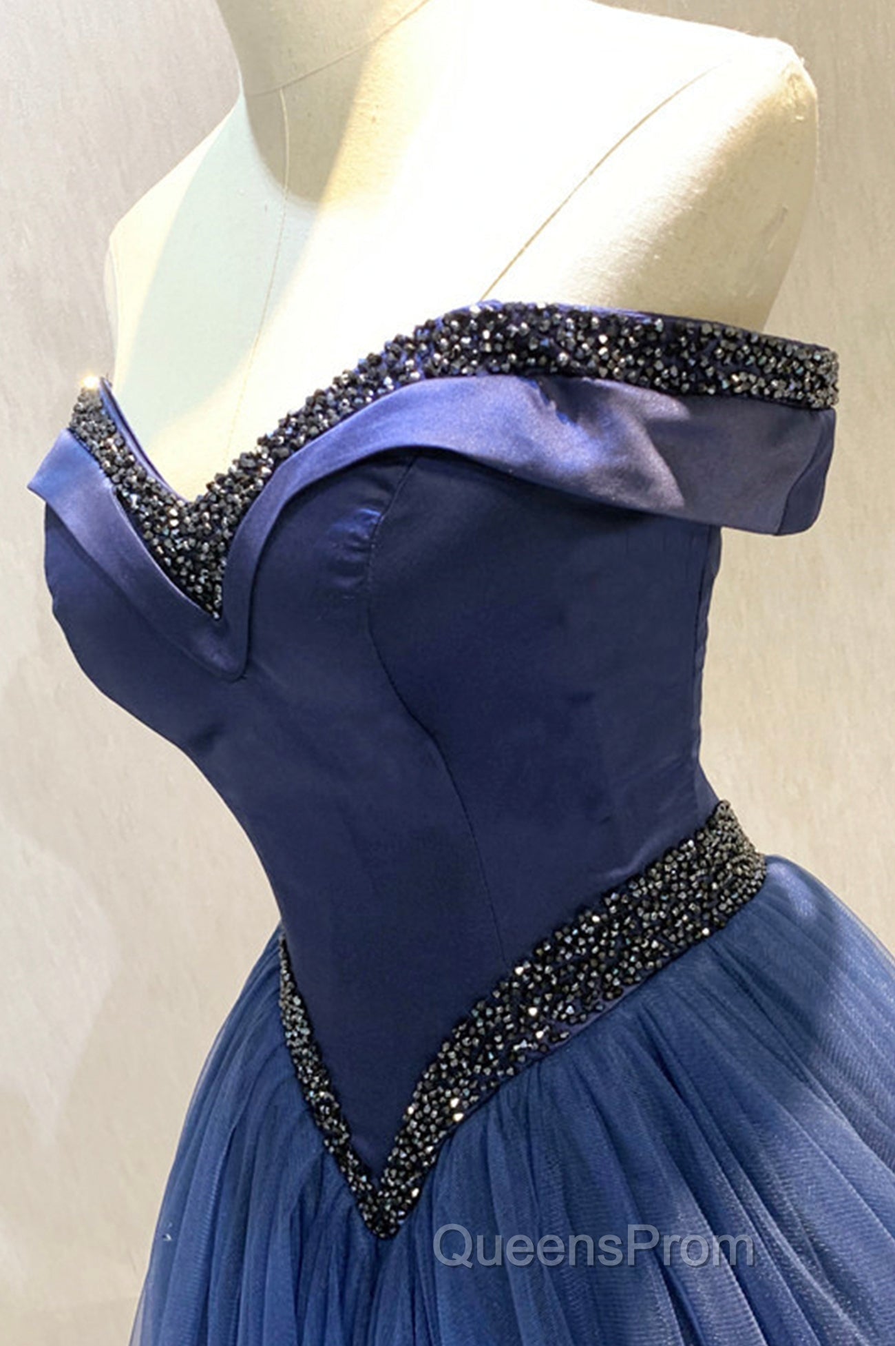 A-Line Tulle Beading Long Evening Prom Dress, Off the Shoulder Evening Dress