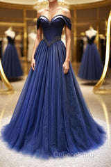 A-Line Tulle Beading Long Evening Prom Dress, Off the Shoulder Evening Dress
