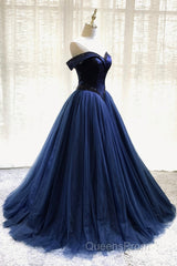 A-Line Tulle Beading Long Evening Prom Dress, Off the Shoulder Evening Dress
