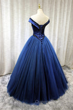 A-Line Tulle Beading Long Evening Prom Dress, Off the Shoulder Evening Dress