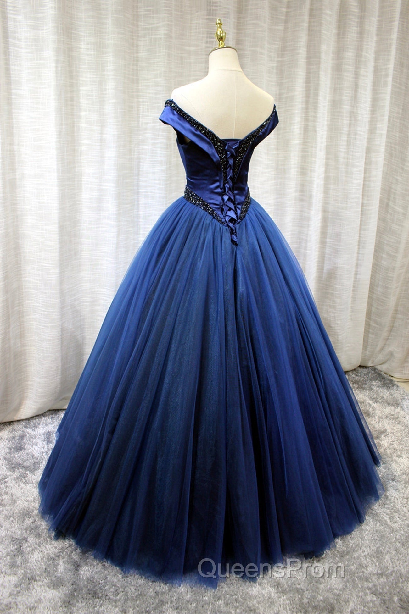 A-Line Tulle Beading Long Evening Prom Dress, Off the Shoulder Evening Dress
