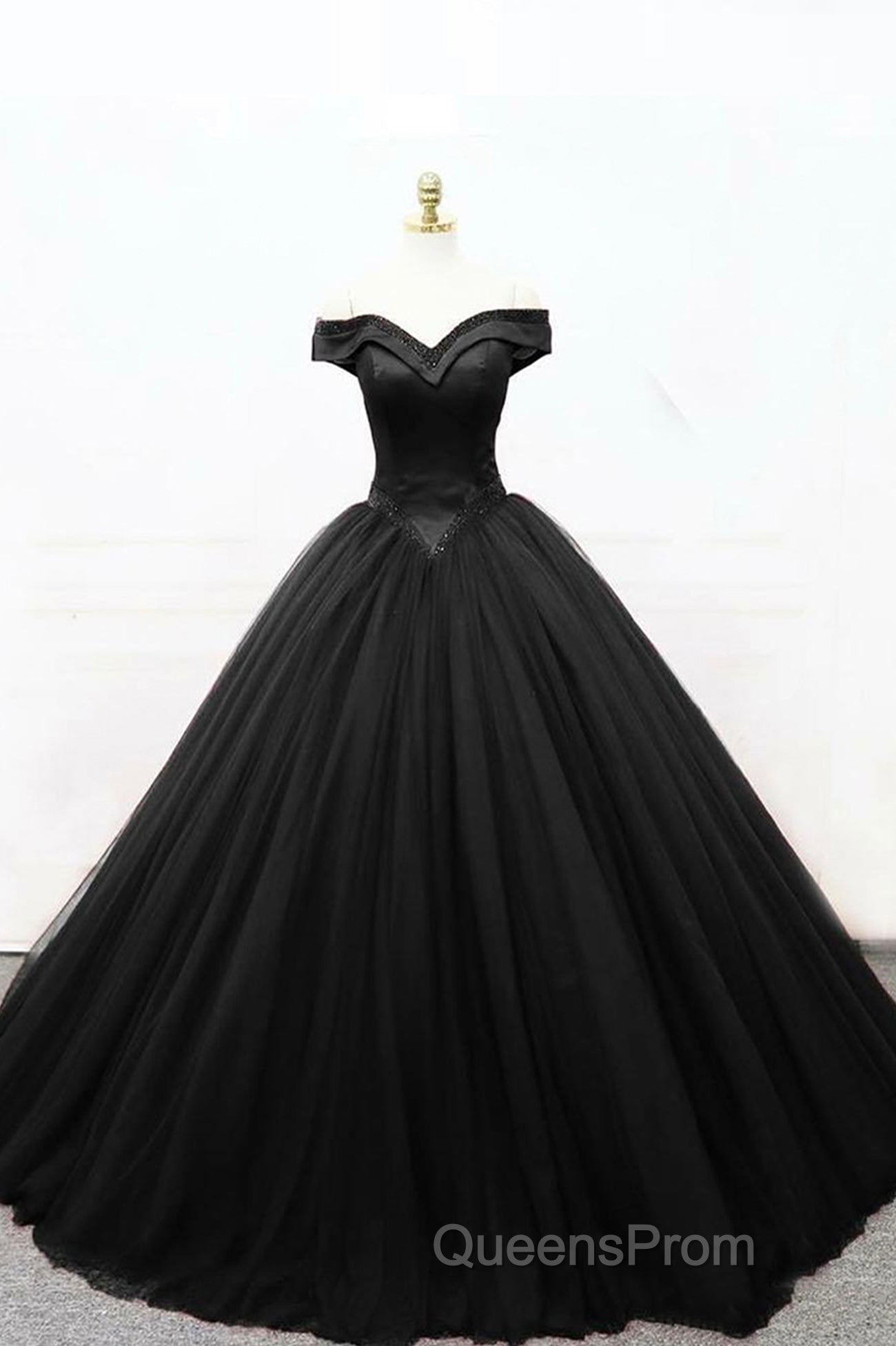 A-Line Tulle Beading Long Evening Prom Dress, Off the Shoulder Evening Dress