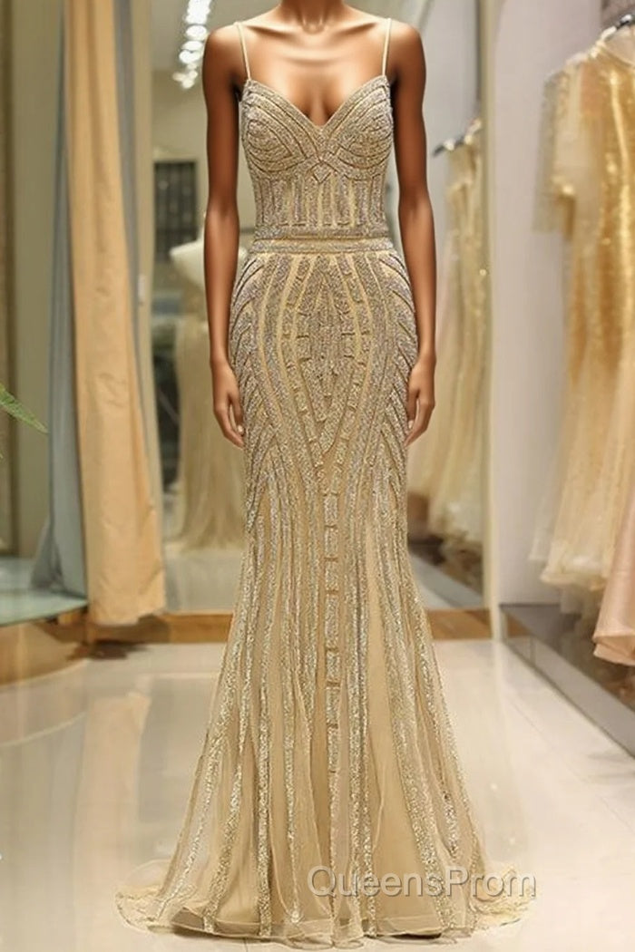 Mermaid Spaghetti Strap Black Beaded Formal Evening Dress Main image