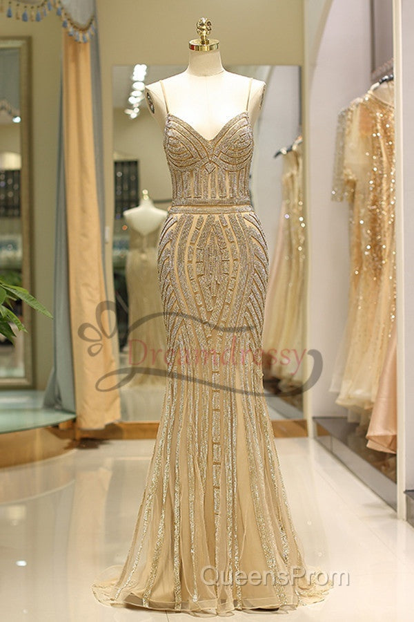 Mermaid Spaghetti Strap Black Beading Long Evening Prom Dress