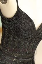 Mermaid Spaghetti Strap Black Beading Long Evening Prom Dress
